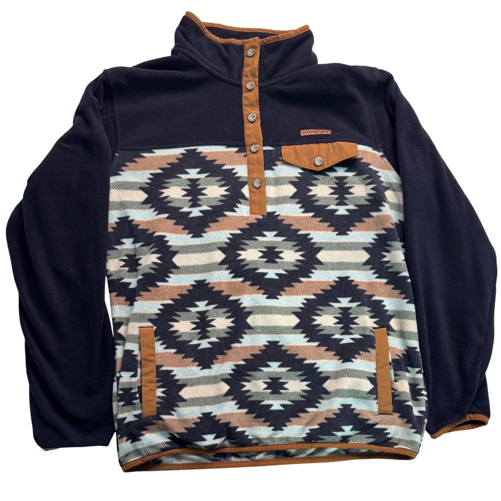 Cinch Women Navy Southwestern Fleece Pullover Snap Neck Large